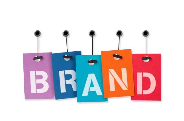 Colourful hanging tags spelling BRAND