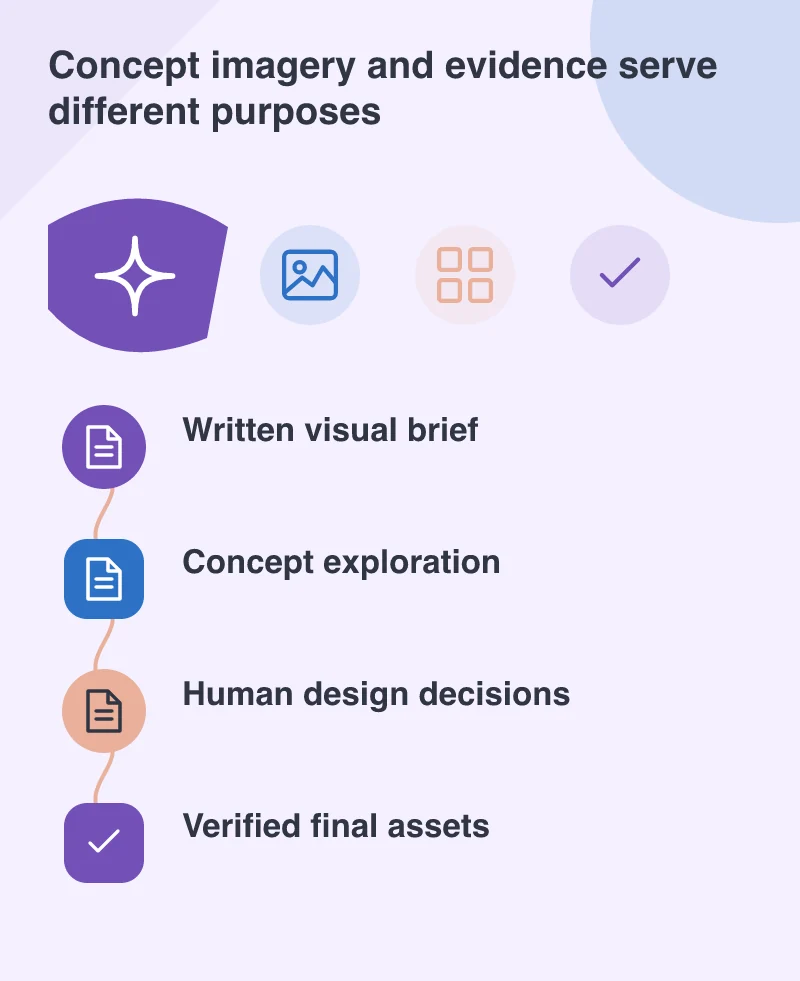 Concept imagery and evidence serve different purposes: Written visual brief; Concept exploration; Human design decisions; Verified final assets