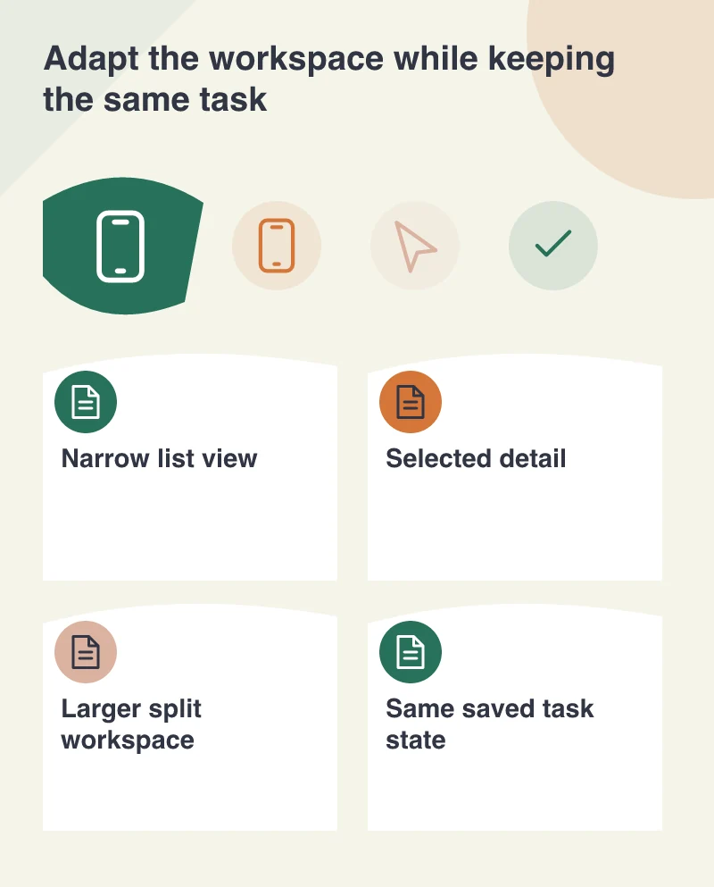 Adapt the workspace while keeping the same task: Narrow list view; Selected detail; Larger split workspace; Same saved task state