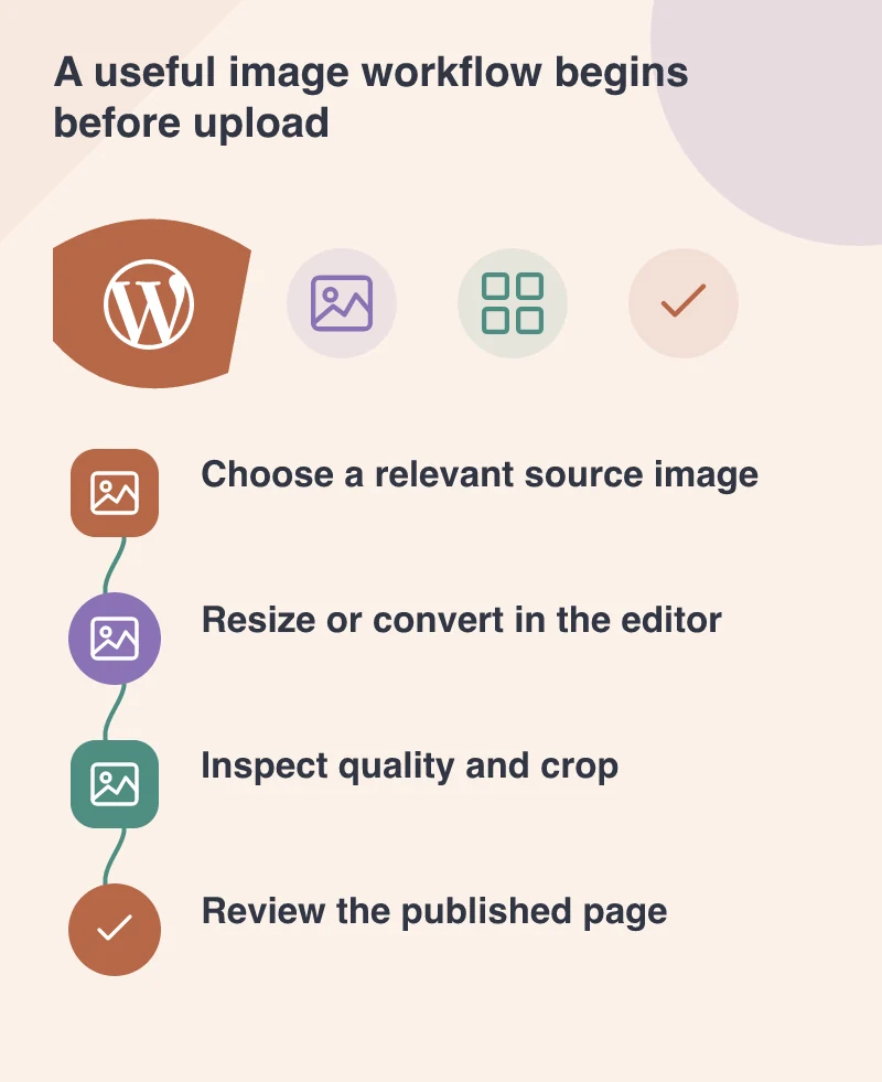 A useful image workflow begins before upload: Choose a relevant source image; Resize or convert in the editor; Inspect quality and crop; Review the published page