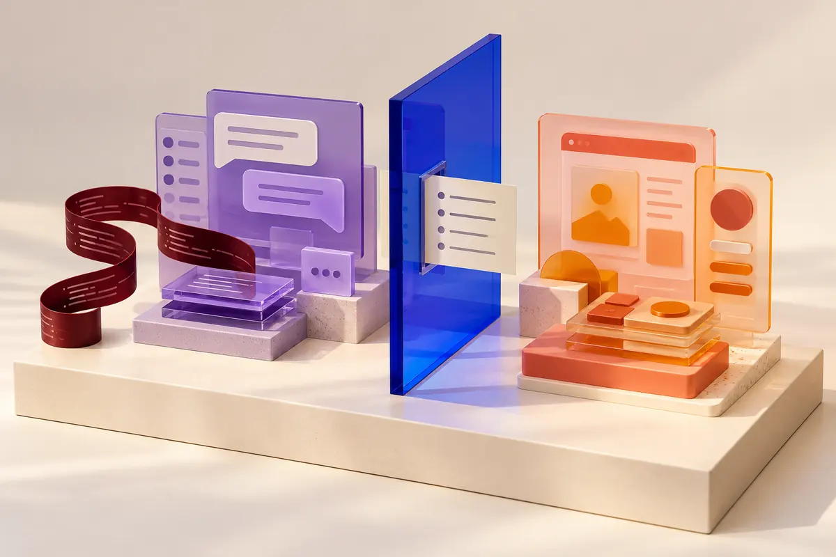 A neutral requirements brief passes through a glass partition between two distinctly different software models.