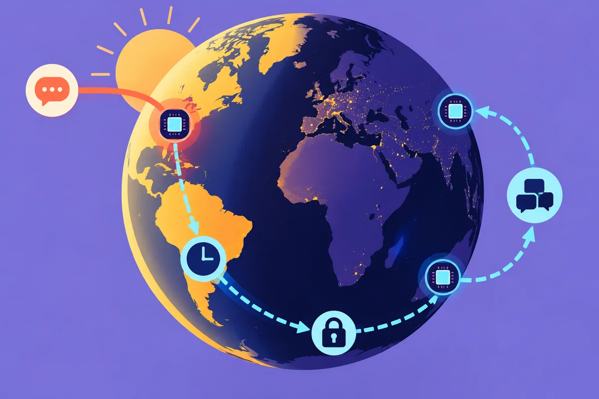 Day and night regions of a globe connect to servers, with a clock, a lock and conversation context showing the challenges of moving AI workloads.