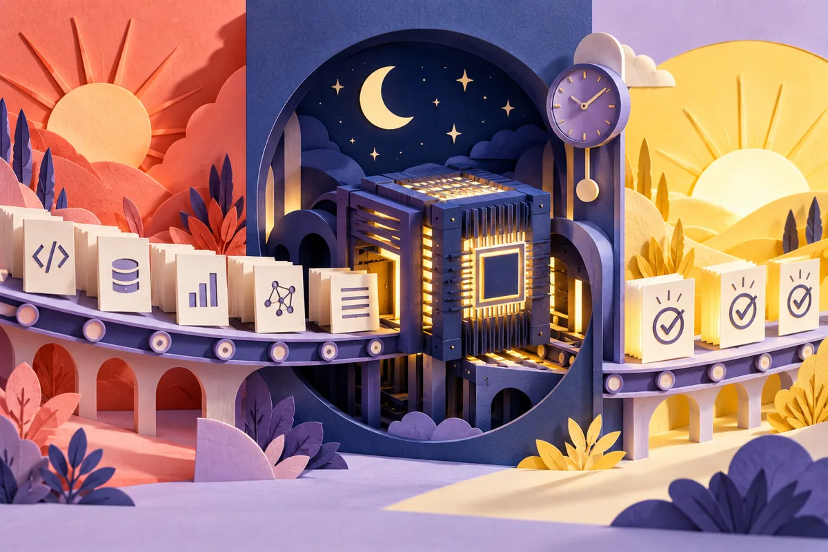 Queued daytime tasks pass through a moonlit server and emerge as completed work at sunrise, illustrating the proposal to schedule flexible AI jobs off peak.