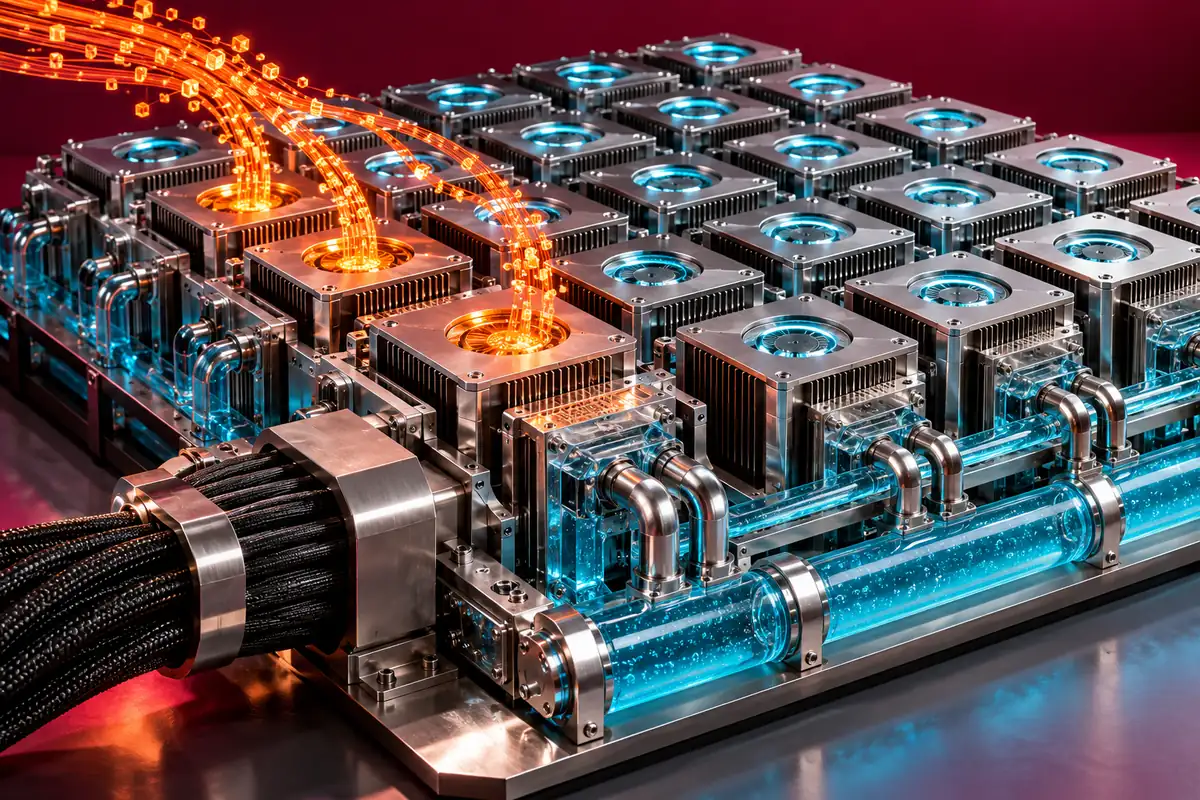 A crowded bank of AI server modules with only a few active request paths, illustrating the gap between installed capacity and useful work.