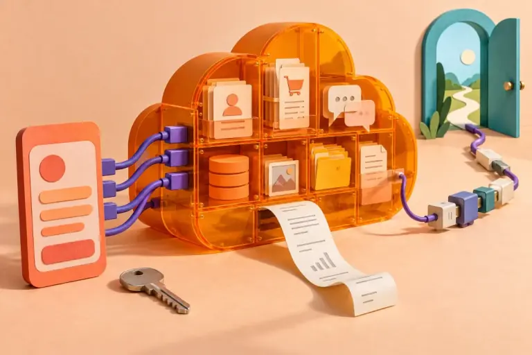 A mobile app connects to an orange modular cloud, with a receipt and several adapters on the route to an open doorway.