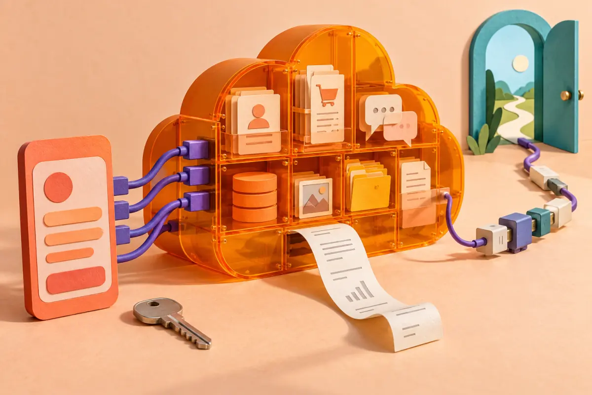 A mobile app connects to an orange modular cloud, with a receipt and several adapters on the route to an open doorway.