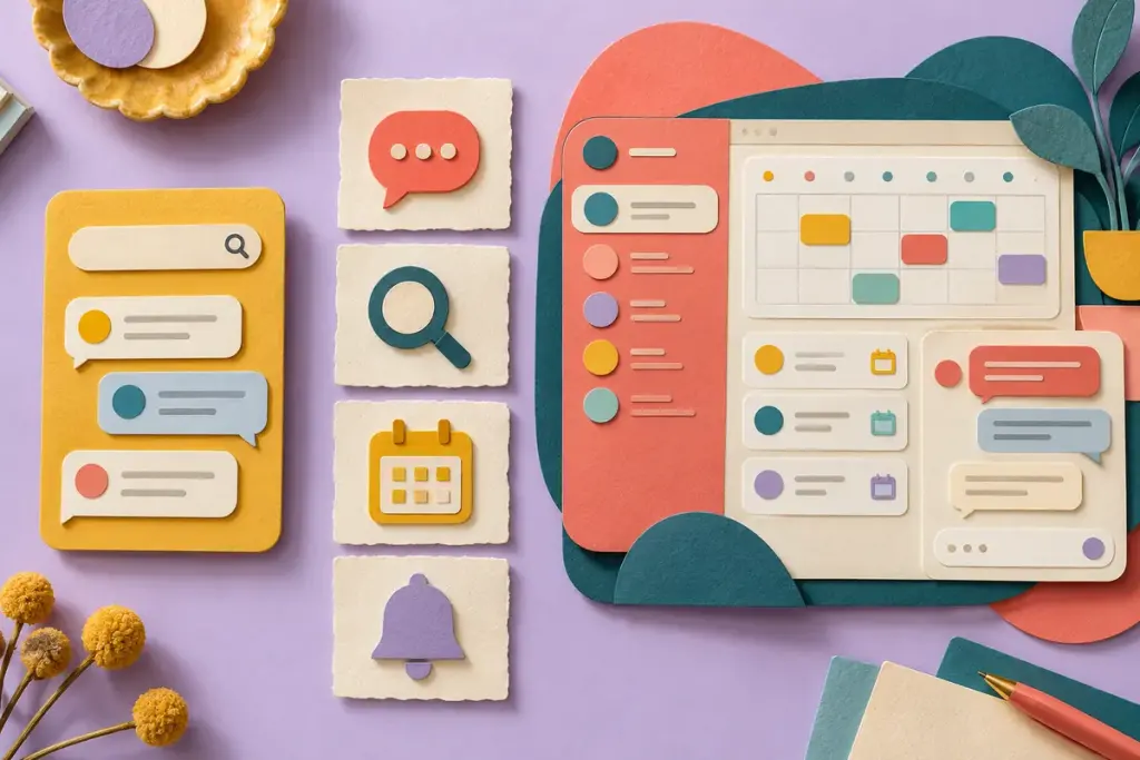 Chat, search, calendar and notification symbols connect a simple conversation board to a differently designed business workspace.